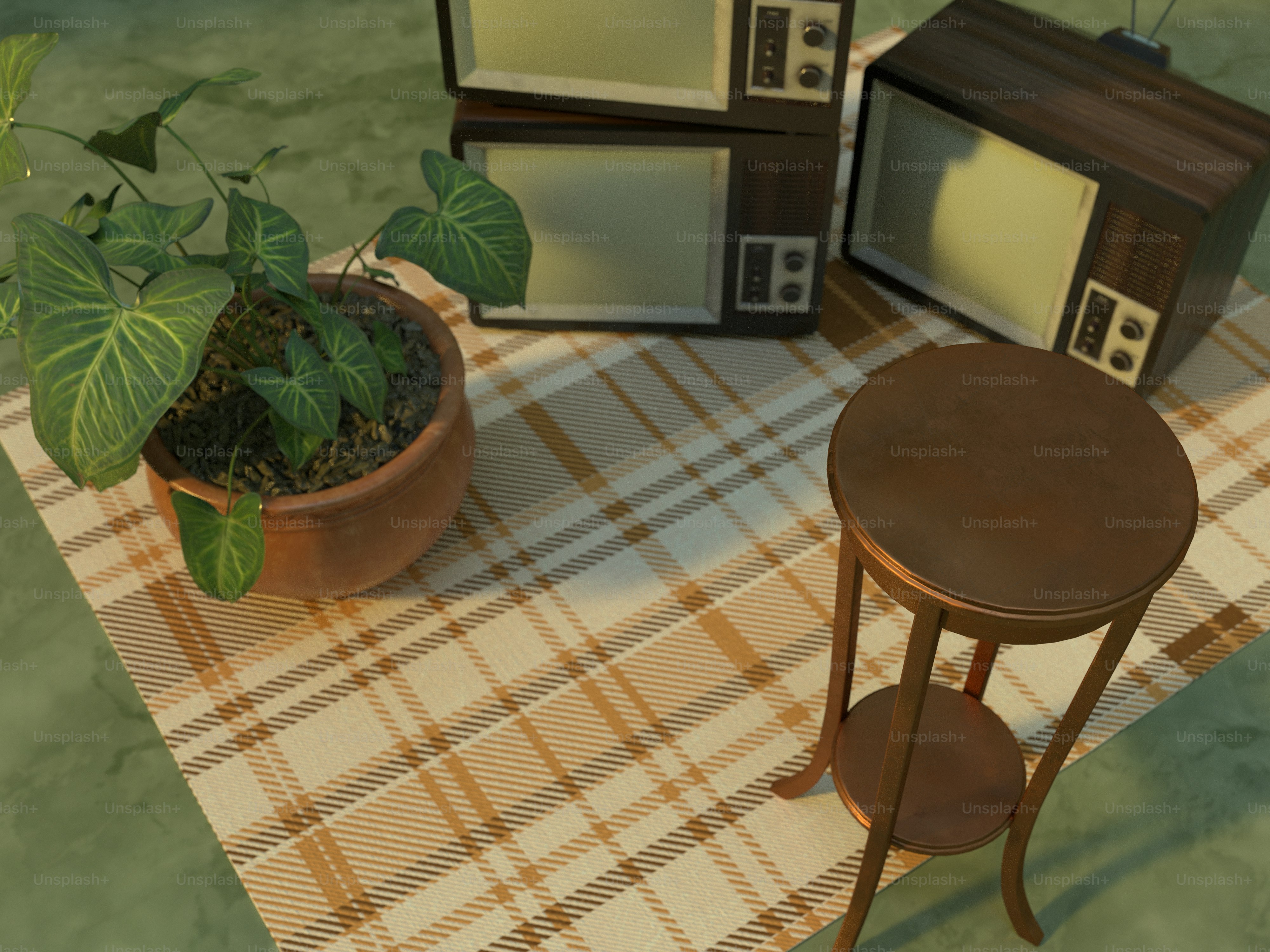 a table with a potted plant on top of it